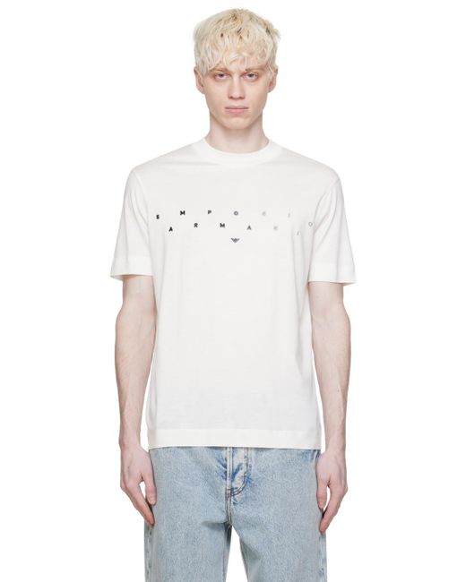 メンズ Emporio Armani オフホワイト ロゴ刺繍 Tシャツ Multicolor