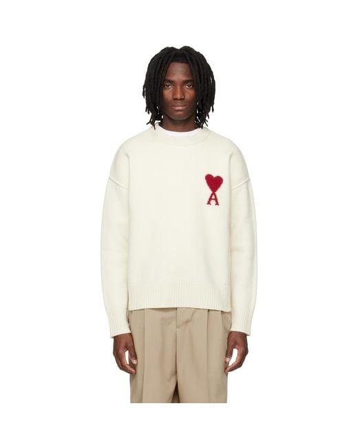 AMI Natural Off- Wool Contrasted Ami De Coeur Crewneck Sweater for men