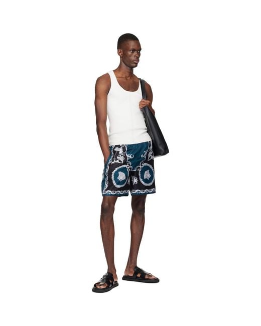 Versace Blue Printed Silk Twill Slim Shorts for men