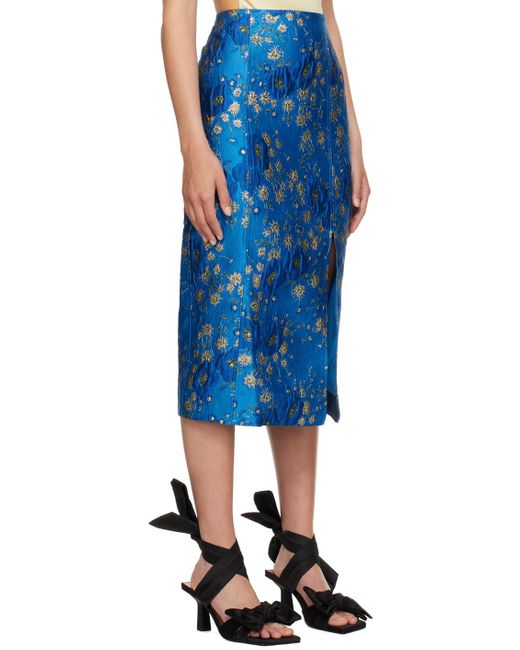 Ganni Blue Floral-print Jacquard Pencil Skirt