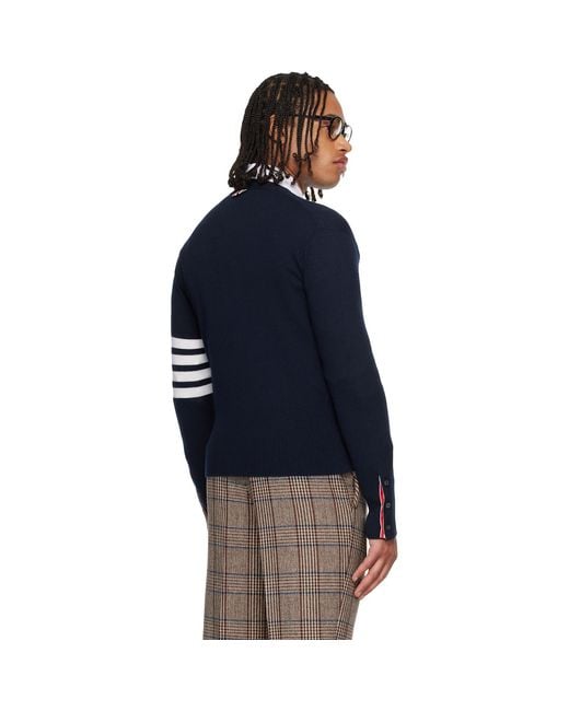 Thom Browne Blue Classic Cashmere 4-Bar V-Neck Cardigan for men