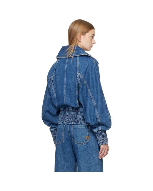 Balmain Blue Zipped Denim Bomber Jacket