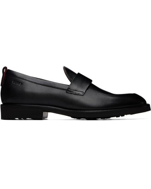 HUGO Black Leather Penny Trim Loafers for men