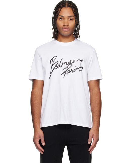 Balmain White Paris' Writing T-Shirt for men