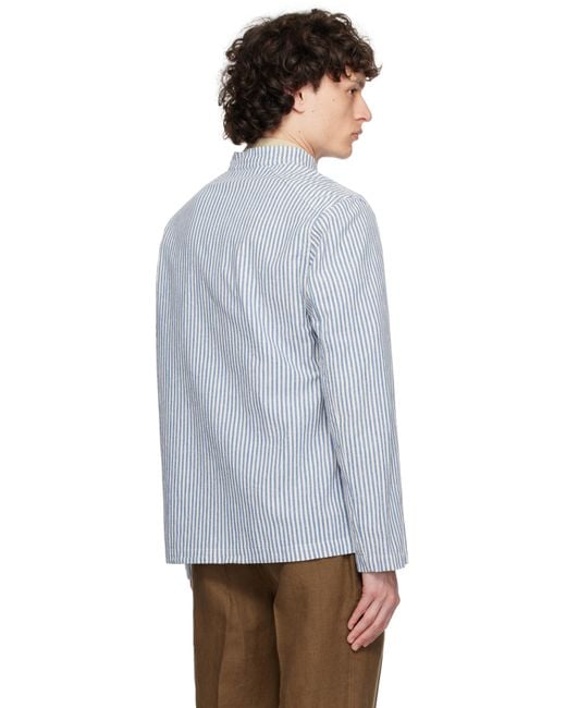 メンズ Drake's ブルー＆ホワイト Grandad Collar Tie ストライプ シャツ Gray