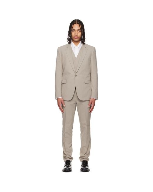 HUGO Black Taupe Three-Piece Extra-Slim-Fit Stretch-Cotton Seersucker Suit for men