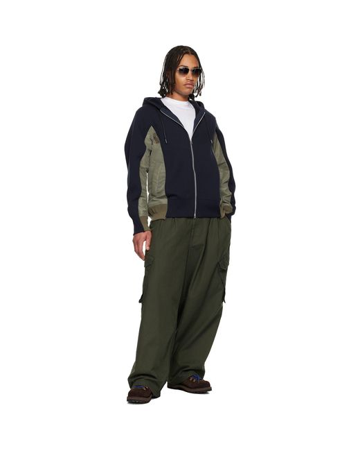 Sacai Blue Khaki Sponge Sweat & Nylon Twill Hoodie for men