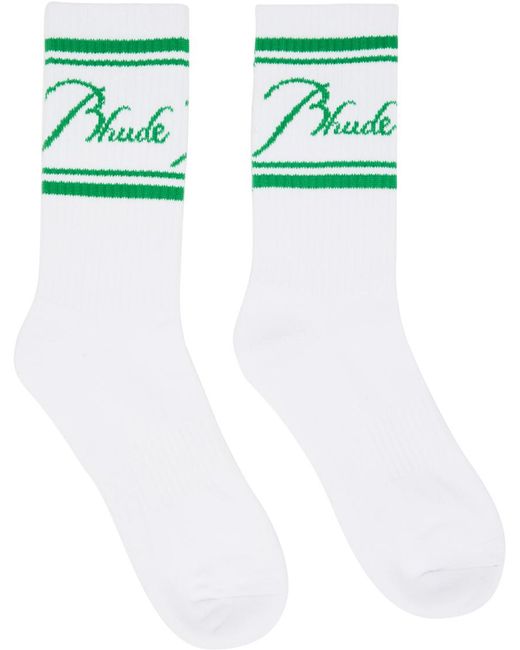 Rhude White & Green Script Socks for men