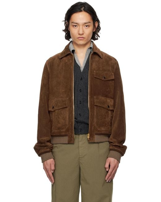 Drake's Brown Heavyweight A2 Suede Bomber Jacket for men
