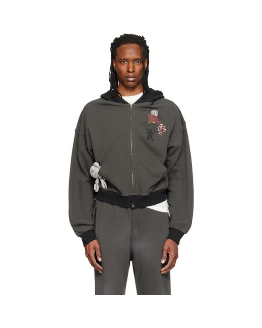 we11done Gray Washed Doodle Teddy Zip-Up Hoodie for men