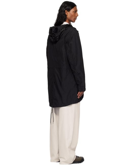 C P Company Black Flatt Nylon Goggle Fishtail Parka Coat for men
