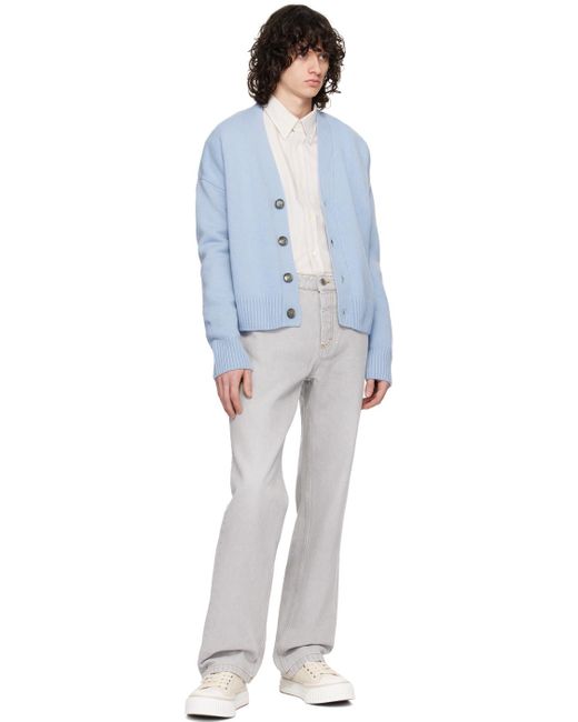 メンズ AMI ブルー&オフホワイト ロゴ刺繍 シャツ White