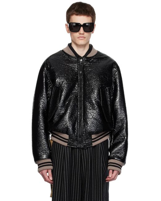 Dries Van Noten Black Crinkled Faux-leather Bomber Jacket for men