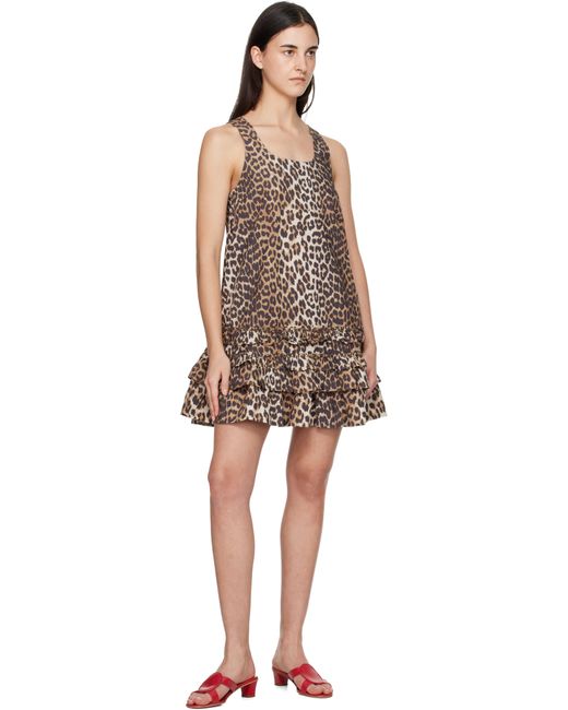 Robe Courte Brune En Popeline De Coton À Motif Léopard Ganni en coloris Black