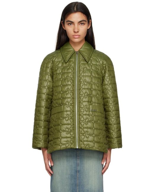 Ganni Khaki Shiny Quilt Jacket in Green | Lyst Canada