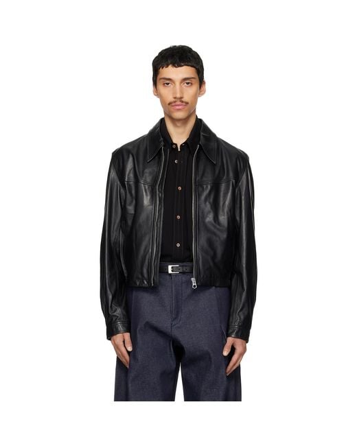 Lemaire Black Leather Biker Jacket for men
