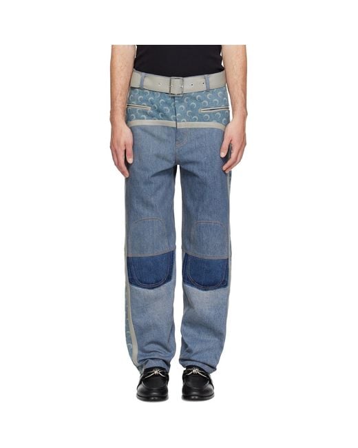 MARINE SERRE Blue Regenerated Denim Belted Baggy Jeans for men
