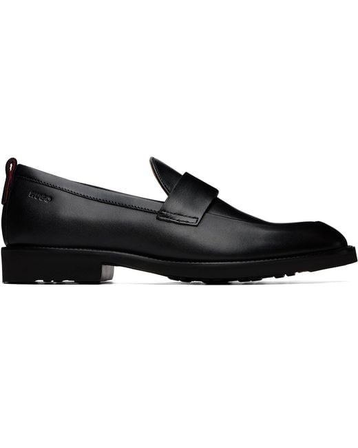 HUGO Black Leather Penny Trim Loafers for men