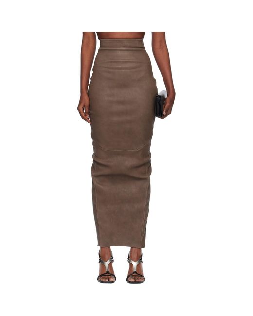 Rick Owens Brown Temple Dirt Pillar Leather Midi Skirt