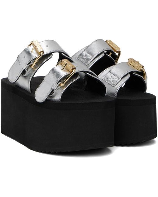 Moschino Black Silver Lettering Logo Laminated Wedge Sandals