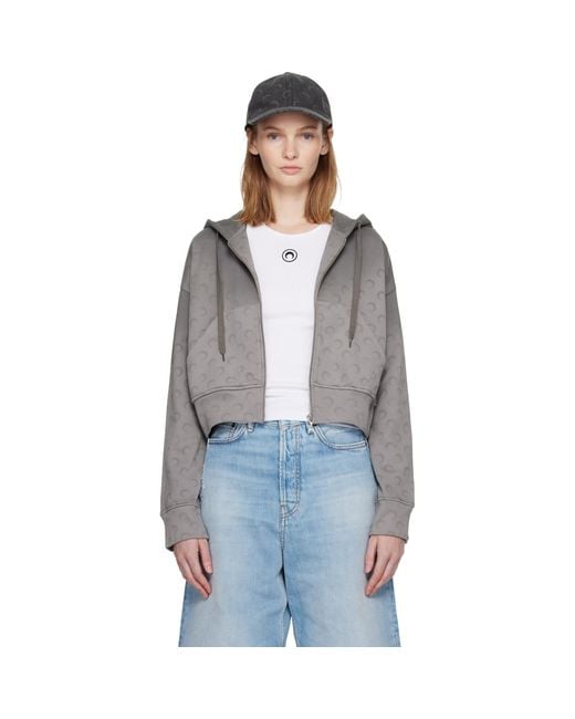 MARINE SERRE Black Faded Moon Fleece Cropped Zipped Hoodie