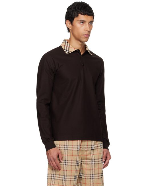 Burberry Black Long Sleeve Check Collar Cotton Polo for men