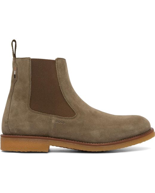 Boss Brown Khaki Suede Signature-Stripe Stitching Chelsea Boots for men