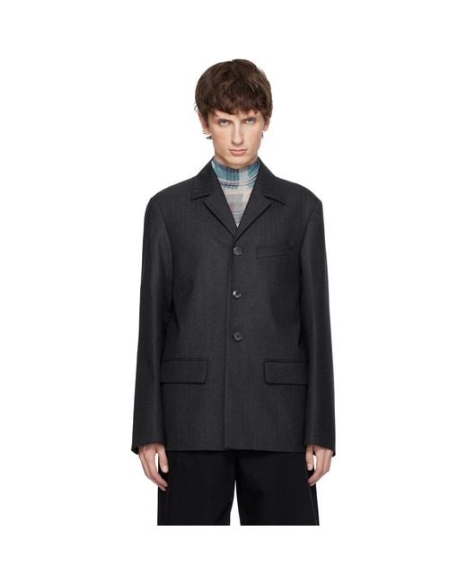 Dries Van Noten Black Herringbone Wool Blazer for men