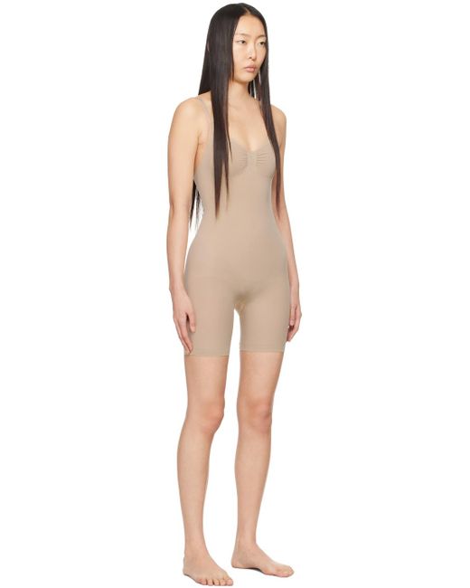 Skims Black Beige Seamless Sculpt Mid Thigh Bodysuit