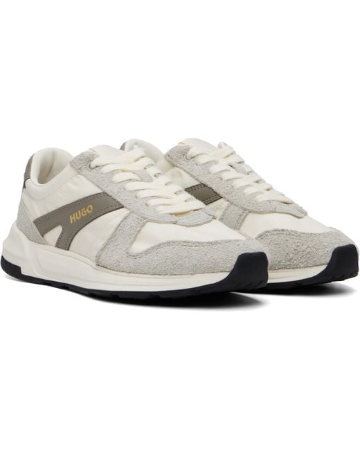 HUGO White Off- & Logo Detail Suede-Trim Sneakers for men