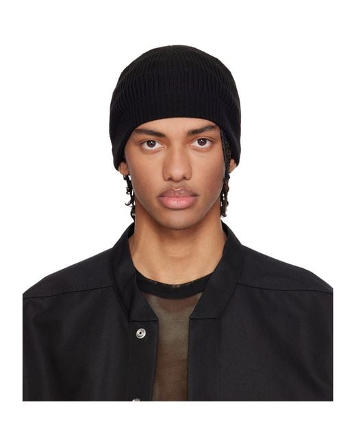 Rick Owens Black Temple Ribbed Beanie for men