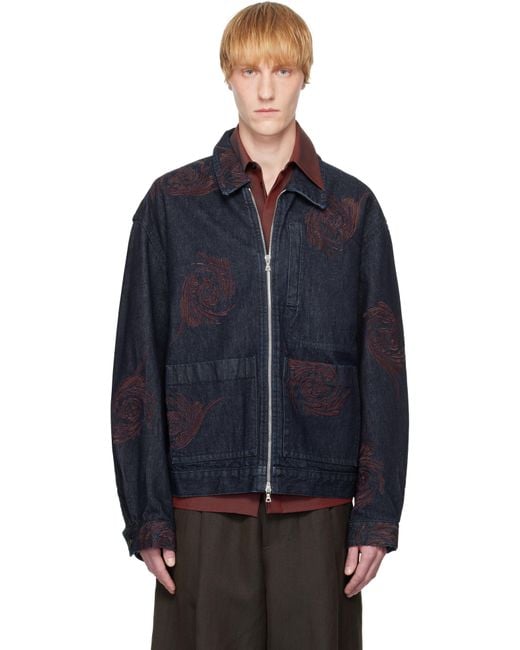 メンズ Dries Van Noten ネイビー Embroidered Pattern デニムジャケット Blue