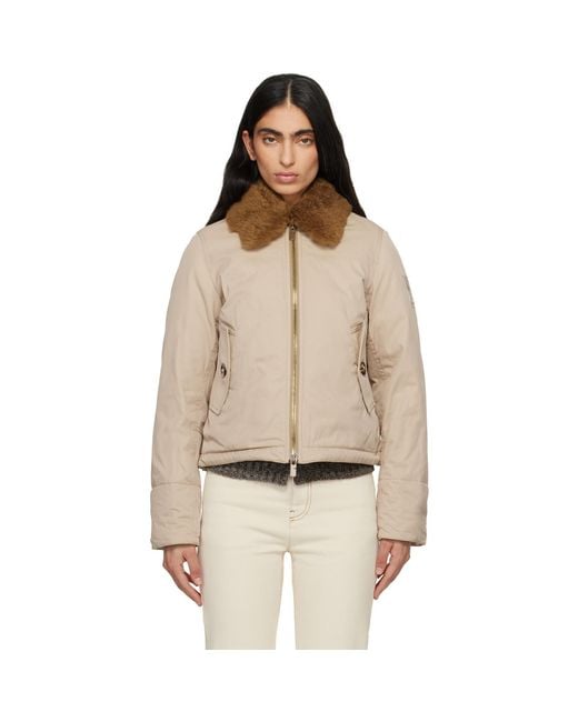 Burberry Natural Shearling Collar Gabardine Down Bomber Jacket