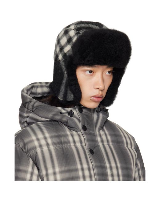 Burberry Black Off- Check Wool Trapper Hat for men