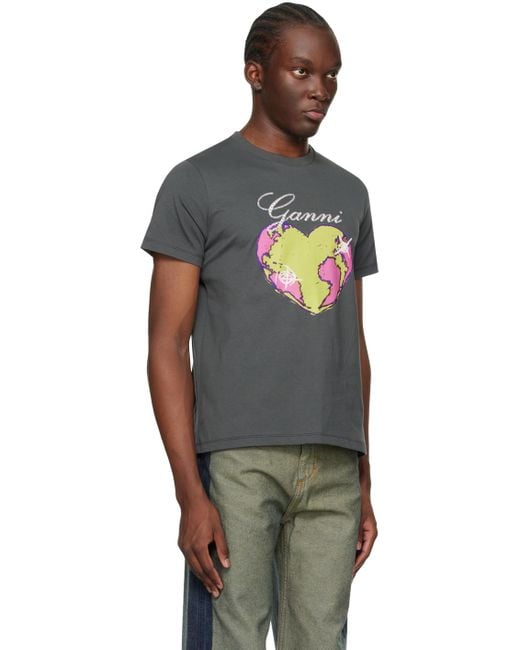 Ganni Black Gray Relaxed Heart T-shirt for men