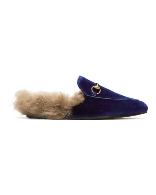 Gucci Blue Princetown Fur-lined Velvet Slippers