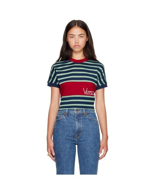 Versace Blue Embroidered-Logo Striped-Intarsia Cotton T-Shirt
