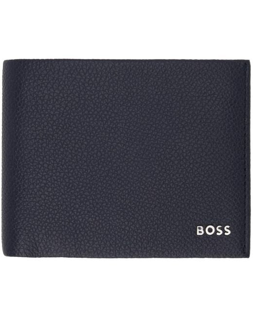 Boss Blue Grained Leather Logo Lettering Wallet for men