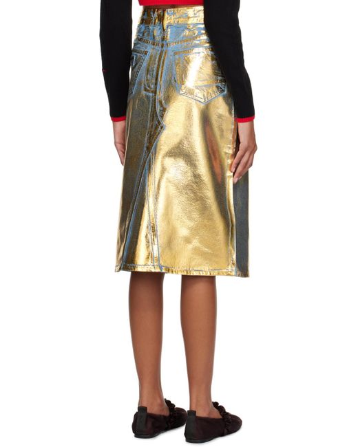 Ganni Black Blue & Gold Foil-coated Denim Midi Skirt