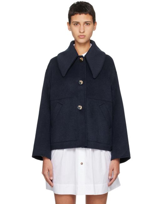 Ganni Wool blend Wide collar Coat in Blue Lyst