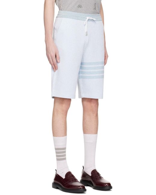 Thom Browne White & Blue 4-bar Shorts for men