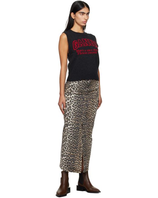 Ganni Black Leopard Print Denim Maxi Skirt