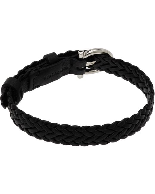 Ferragamo Black Braided Leather Bracelet for men