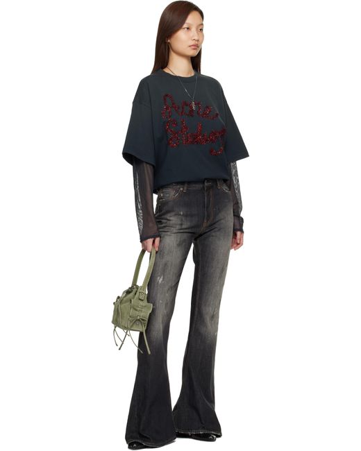 Acne Studios レディース ブラック グレー レイヤード ロゴ Tシャツ 