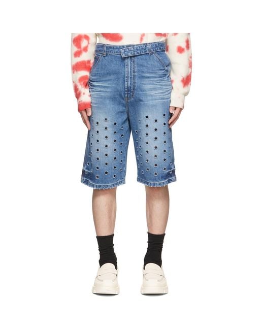 we11done Blue Denim Cut-Out Shorts for men
