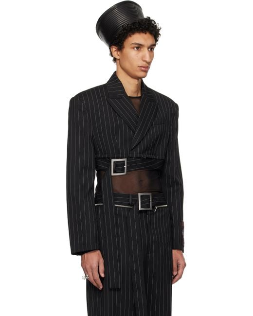 Jean Paul Gaultier Black Pinstripe Wool Cropped Tailored Blazer for men