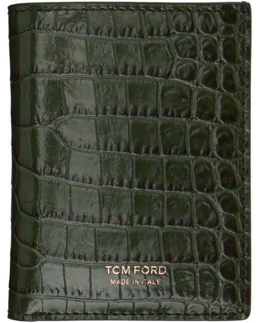 Tom Ford Green Printed Croc Folding Card Holder for men