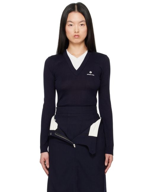 ShuShu/Tong Blue Patchwork V-Neck Knit Sweater