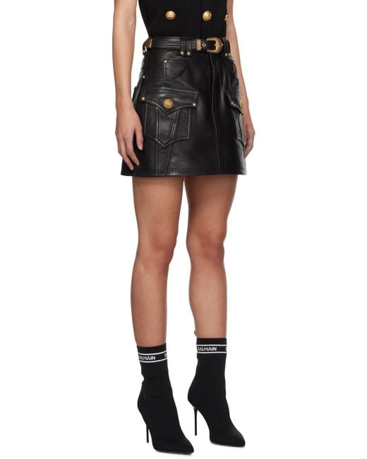 Balmain Black Belted Leather Miniskirt