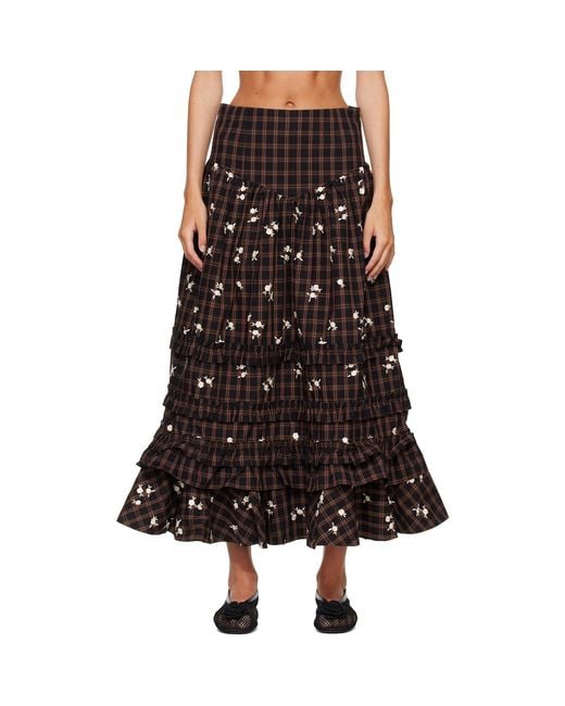 Ganni Brown Yarn Dyed Check Long Tiered Frill Maxi Skirt